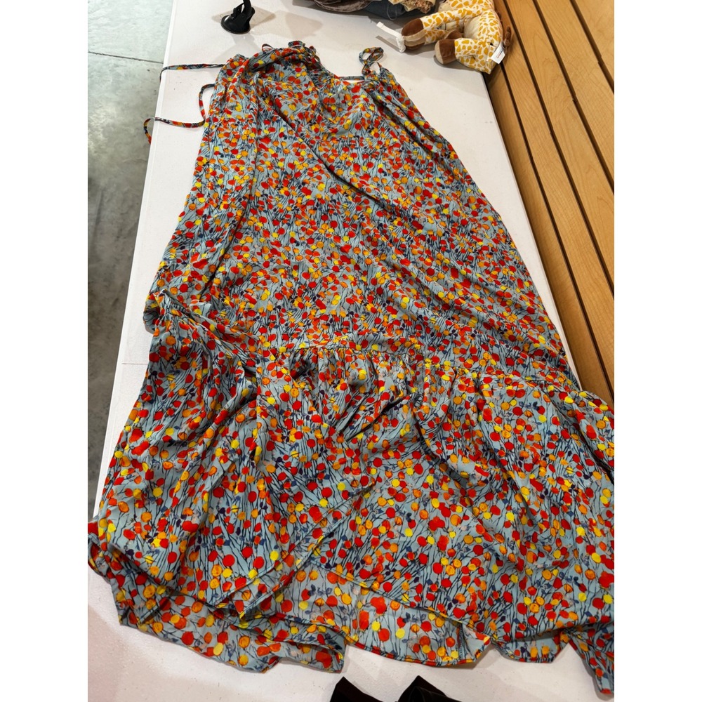 TOV Los Angeles Floral Poppy Halter Maxi Dress Blue Orange Tiered Ruffle Size 44